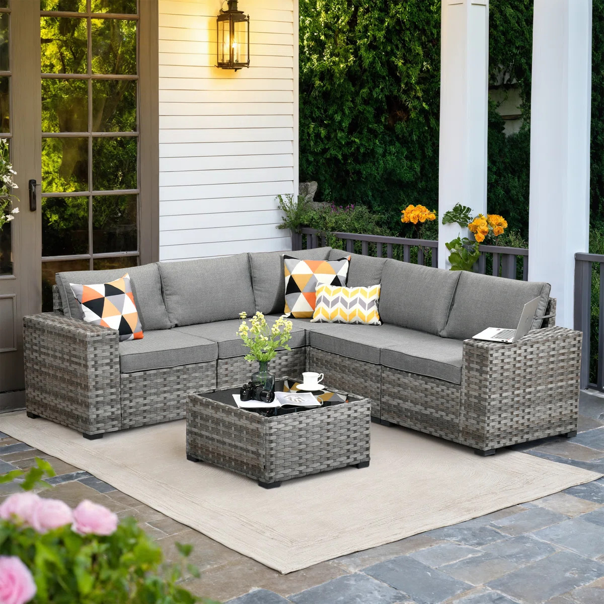 Baili 5 - Person Outdoor Wicker Sectional Seating Group with Cushions, Modern Modular Rattan Conv... | Wayfair North America