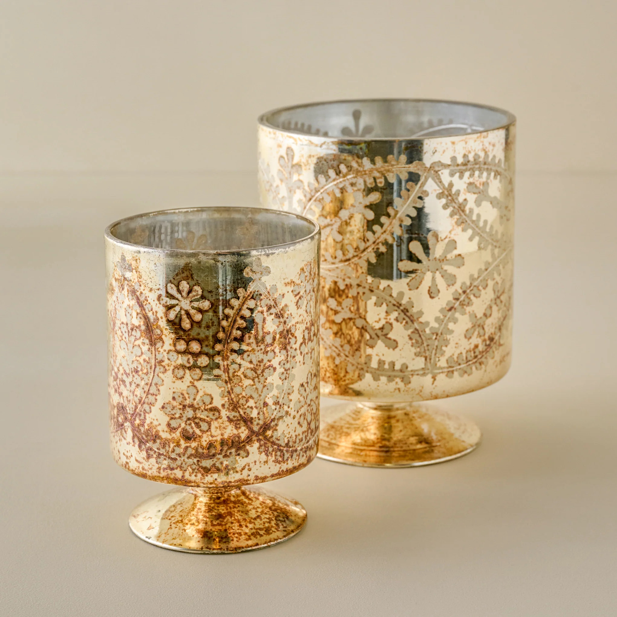 Burnished Mercury Glass Floral Hurricane | Magnolia