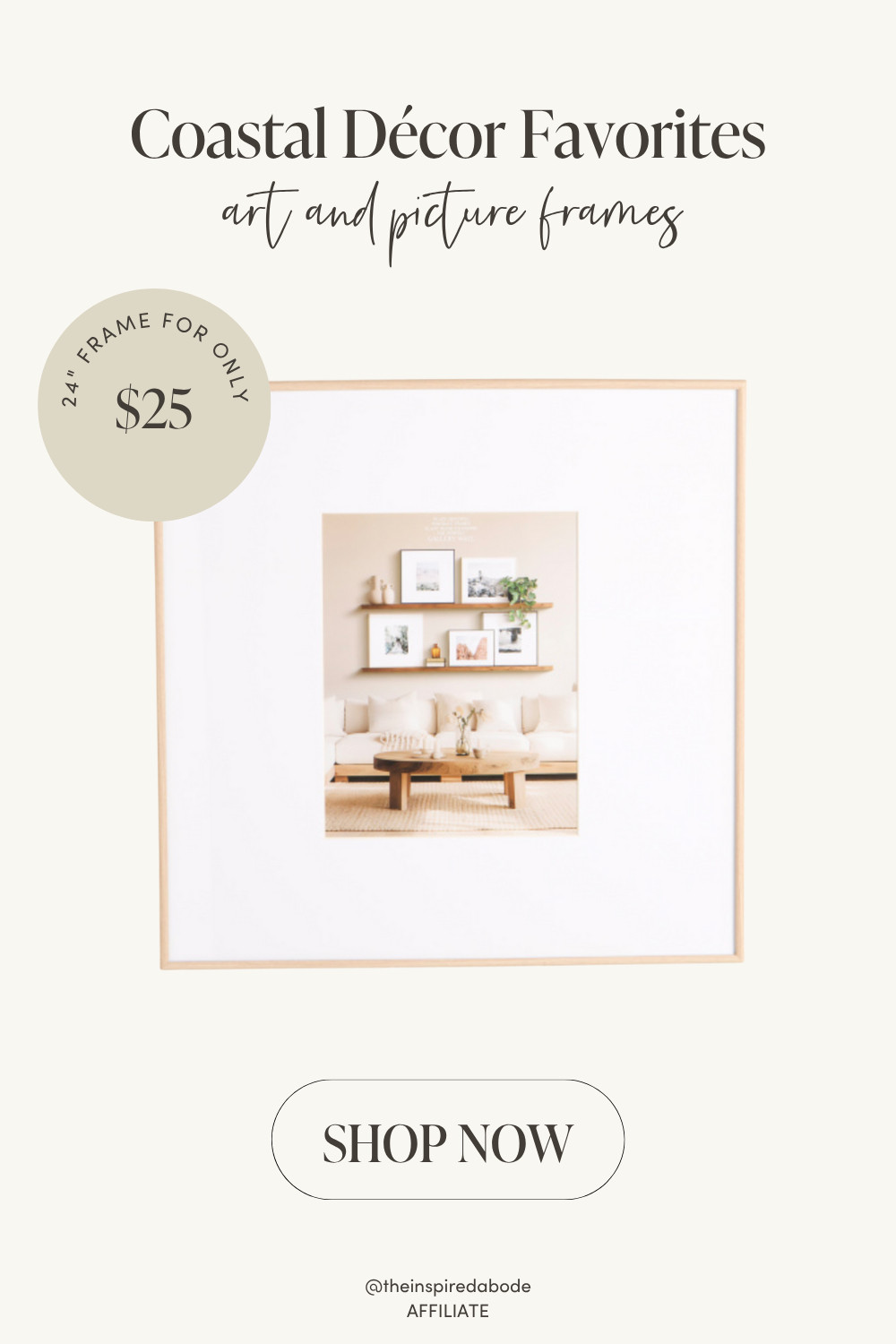 We bought this immediately after seeing it – it's only 1" smaller than the 25" square Pottery Barn frames we've been eyeing for years, but only $25!! Matted to 11x14" this 24" square thin wood portrait frame adds a touch of natural elegance to your gallery wall. Its minimalist design complements coastal and neutral interiors, making it a versatile choice for showcasing your favorite prints or photos. Kel got 6 for her dining room wall! 

 #LTKGiftGuide #LTKHome #LTKFindsUnder50