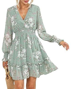 Prettywear Women's Floral Boho V Neck Long Sleeve Mini A-Line Dresses 2024 Spring Summer Casual F... | Amazon (US)