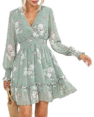 Prettywear Women's Floral Boho V Neck Long Sleeve Mini A-Line Dresses 2024 Spring Summer Casual F... | Amazon (US)