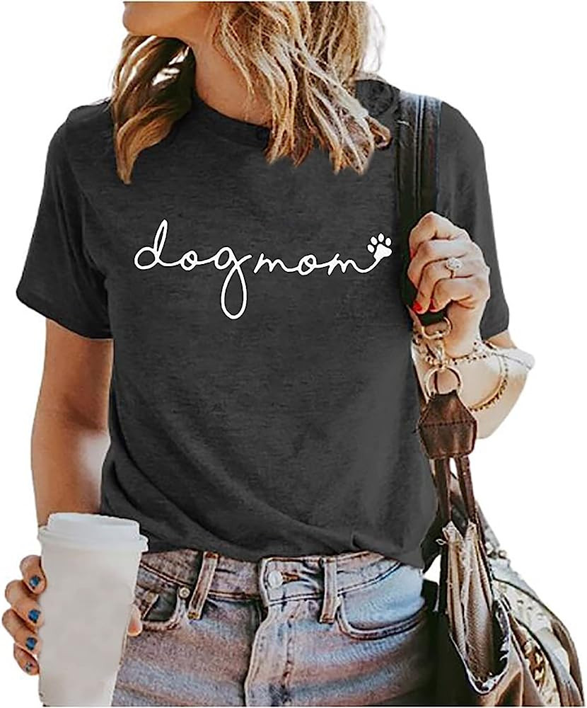Dog Mom T-Shirt Women Funny Mama O-Neck Graphic Tees Casual Loose Short Sleeve Tops Dog Lover Gif... | Amazon (US)