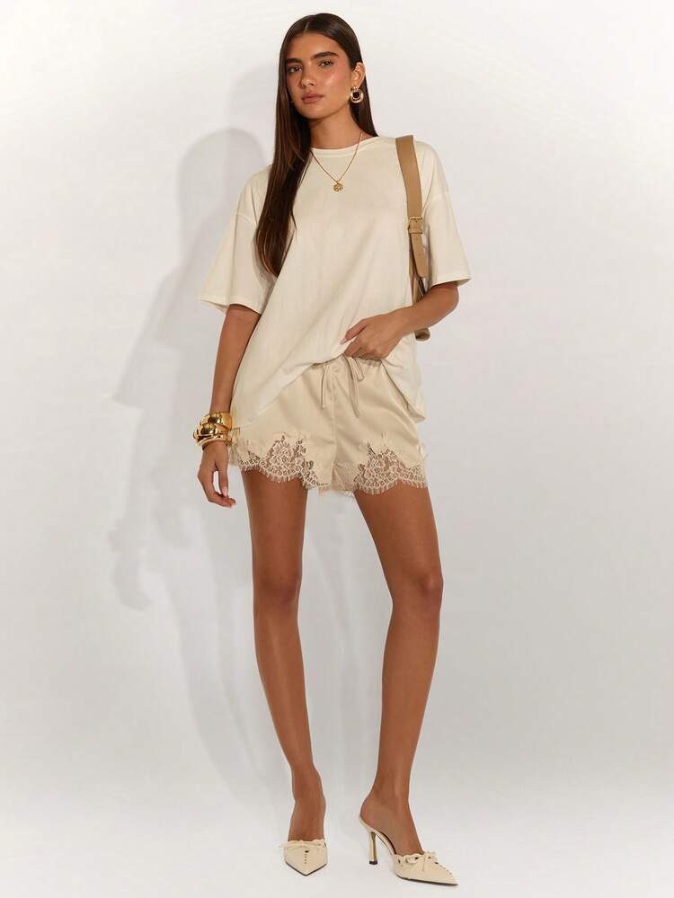 SHEIN BAE Women's Summer Simple Solid Color Contrast Lace Drawstring Waist Shorts, Holidays, Eleg... | SHEIN