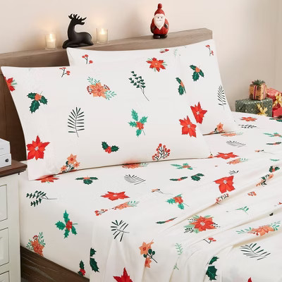 Christmas Holiday 4pc Bed Sheet Sets, Easy Care, Soft & Wrinkle-Resistant Bedding - Poinsettia, Full | Target