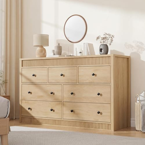 GarveeHome 7 Drawer Dresser for Bedroom, 54" Wide Fluted Wooden Chest of Drawers, Modern Long Storage Dresser Organizer for Living Room, Hallway, Entryway, Natural Oak | Amazon (US)