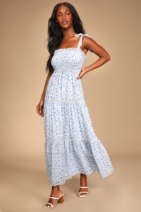 Blooming Perfection Blue Floral Print Tie-Strap Smocked Dress | Lulus (US)