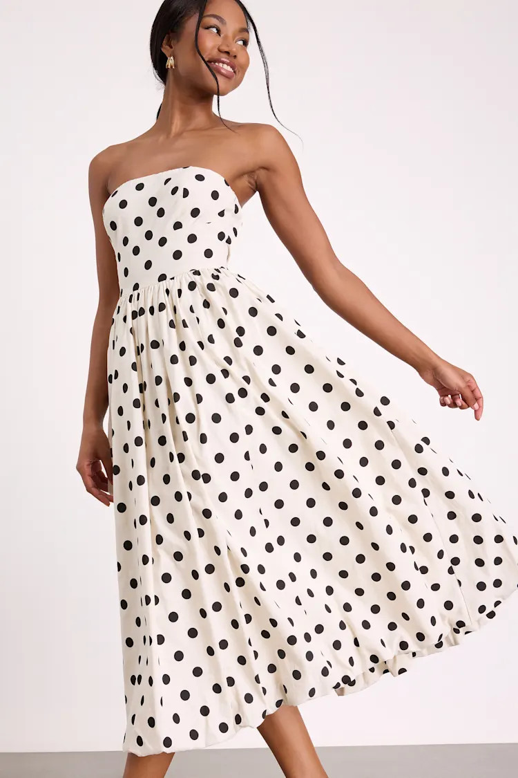Terrance Ivory Polka Dot Strapless Bubble-Hem Midi Dress | Lulus