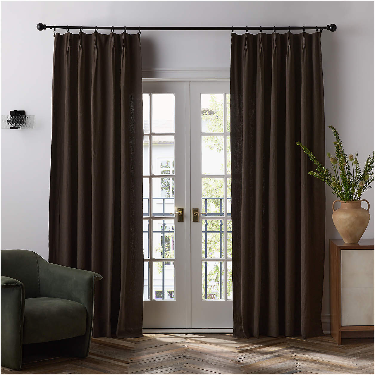 French Pleat Deep Brown Linen Blend Window Curtain Panel by Jeremiah Brent | Crate & Barrel | Crate & Barrel