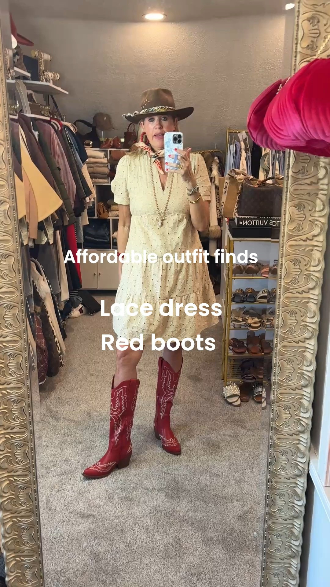 Affordable Outfit pieces you’re going to love….

Western/ Rodeo/ Concert
Style 

Cut tiered lace dress 
Tts under $40 good quality and fully lined 

The cutest red Cowboy boots that I want to wear on repeat 

Western bandanna around neck 

Brown suede hat (old free people) I linked similar 

Cow head beaded necklace

#LTKootd #LTKgrwm #LTKOver40
