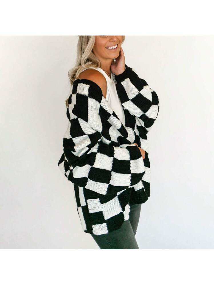 Women's Fall Knit Cardigan Plaid Print Long Lantern Sleeve Open Front Loose Sweater Jacket | SHEIN
