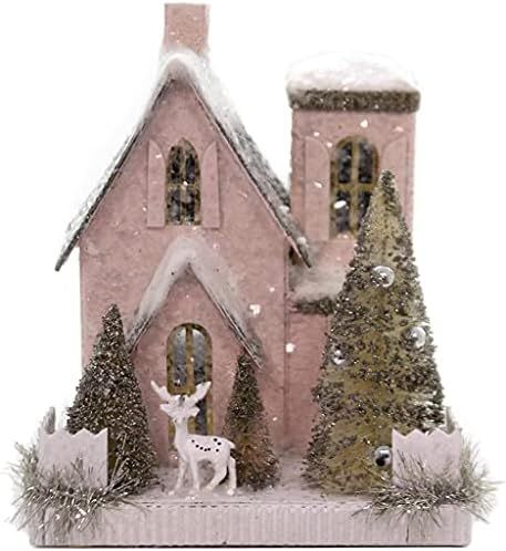 7" Petite Pink Christmas Mantel Village House with Deer and Tree | Amazon (US)