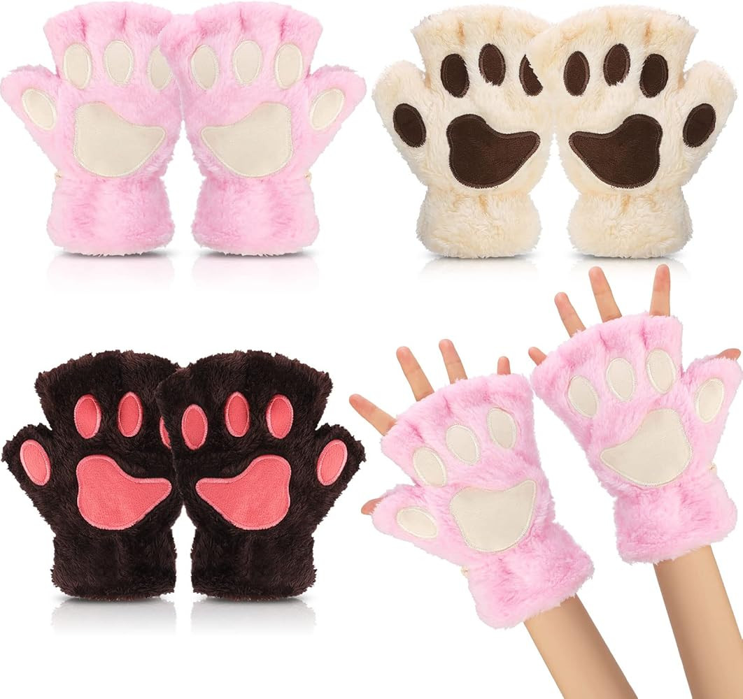 Cat Paw Gloves 3 Pairs Kawaii Gloves Cat Paws Cosplay Faux Fur Plush Cat Gloves Lion Paws Fingerl... | Amazon (US)