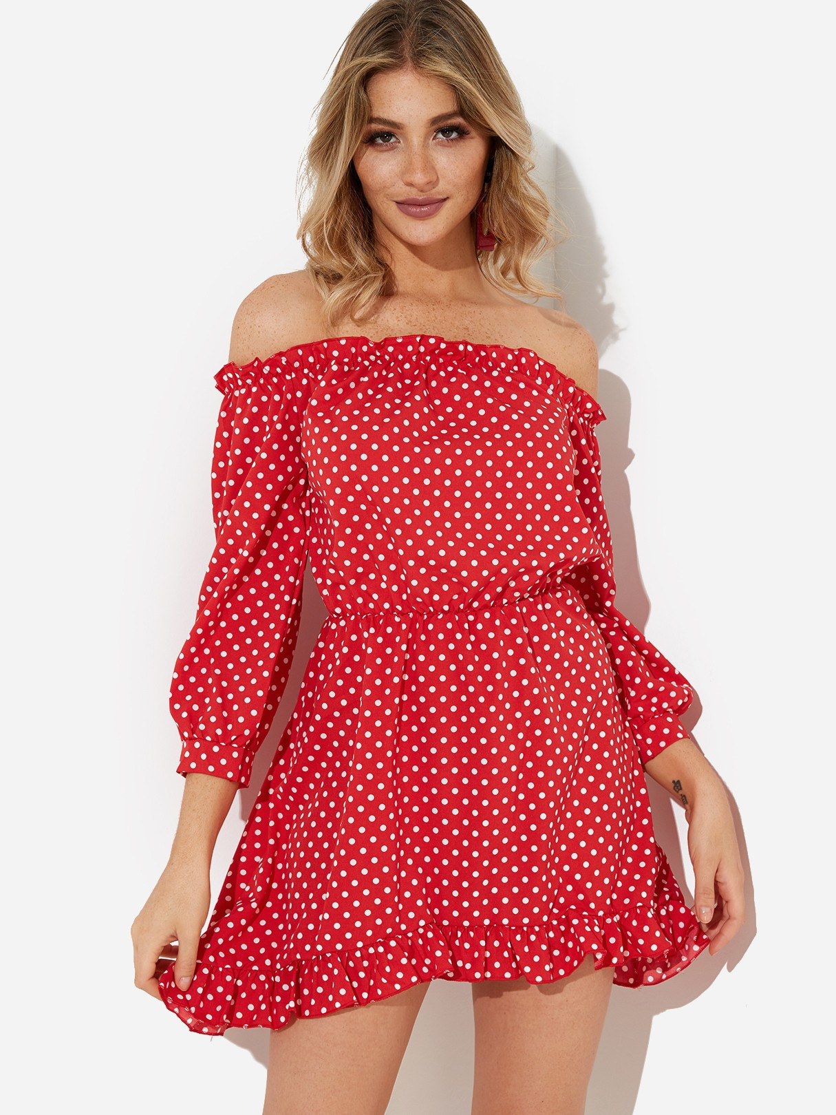 Red Polka Dot Off Shoulder Lantern Sleeves Dress With Stretch Waistband | YOINS