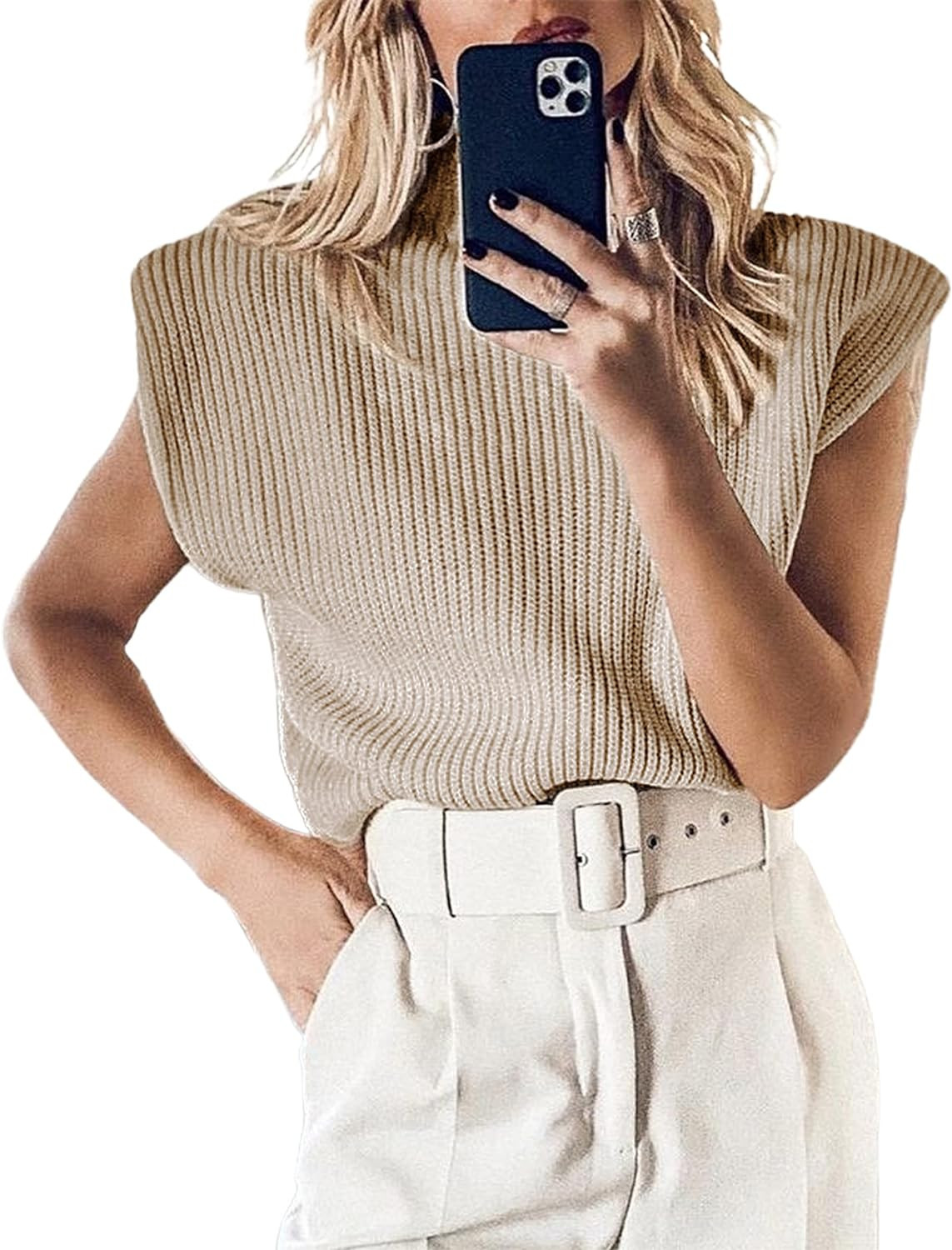 Huaqiao Women's High Neck Knit Sweater Vest Padded Shoulder Turtleneck Sweater Sleeveless Ribbed ... | Amazon (US)