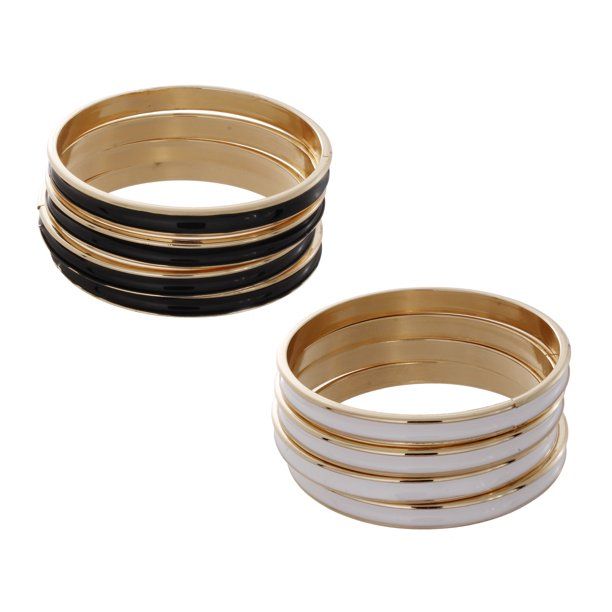 Time and Tru 8 Piece Gold Tone Black and White Bangle Bracelet Set | Walmart (US)