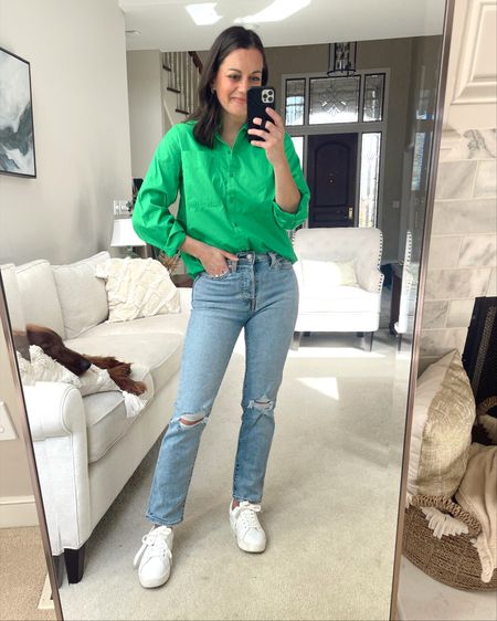 Target button down (runs big - size down), Levi’s jeans (Tts to small, wearing a 0), white sneakers (Tts)

Spring outfit, casual outfit, target new arrivals, target finds, st. Patrick’s day

#LTKstyletip #LTKunder50 #LTKSeasonal
