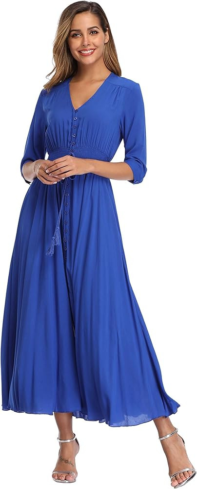VintageClothing Women's Floral Maxi Dresses with Sleeves Flowy Boho Beach Dress | Amazon (US)