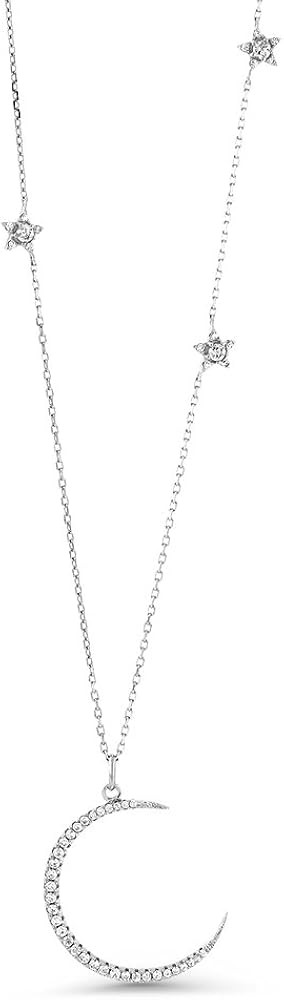 Gem Stone King 925 Sterling Silver Half Moon and Stars Pendant Necklace For Women with CZ Charm and  | Amazon (US)