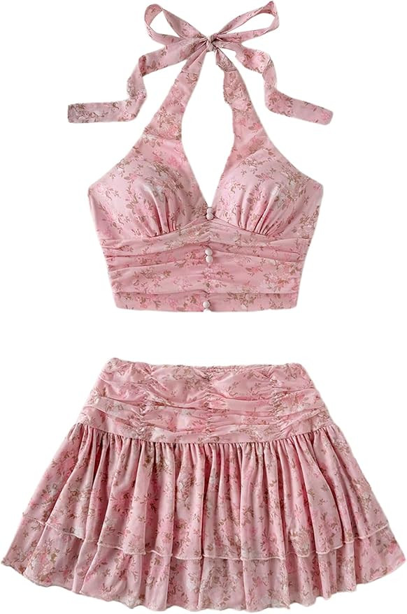 Amazon.com: Verdusa Women's 2 Piece Vacation Outfits Floral Crop Halter Tops with Ruffle Layered ... | Amazon (US)