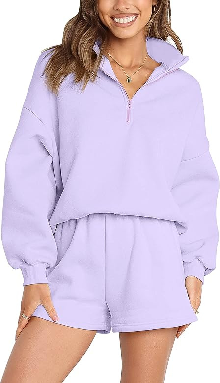 MEROKEETY Women's Oversized 2 Piece Lounge Sets Long Sleeve Zipper Shorts Sweatsuit Outfits with ... | Amazon (US)