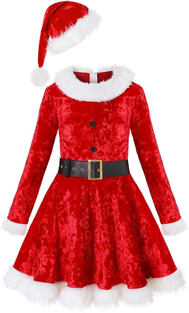 Koatobbor Girls Mrs. Santa Claus Costume Red Dress Christmas Outfits with Xmas Hat | Amazon (US)