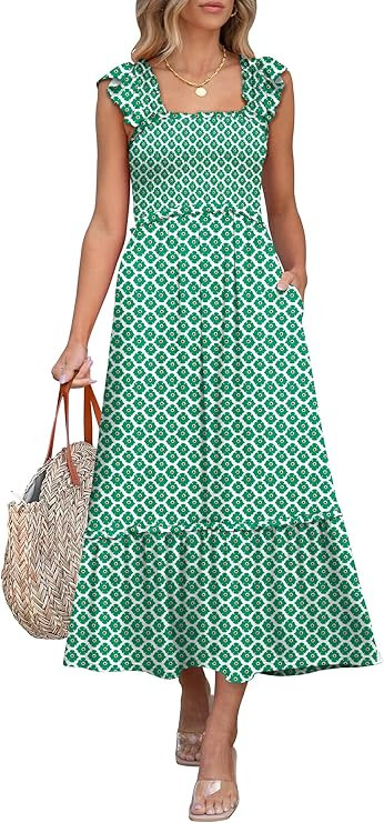 ANRABESS Womens Summer Sleeveless Maxi Dress Square Neck Smocked Boho Casual Ruffle Strap Flowy A... | Amazon (US)