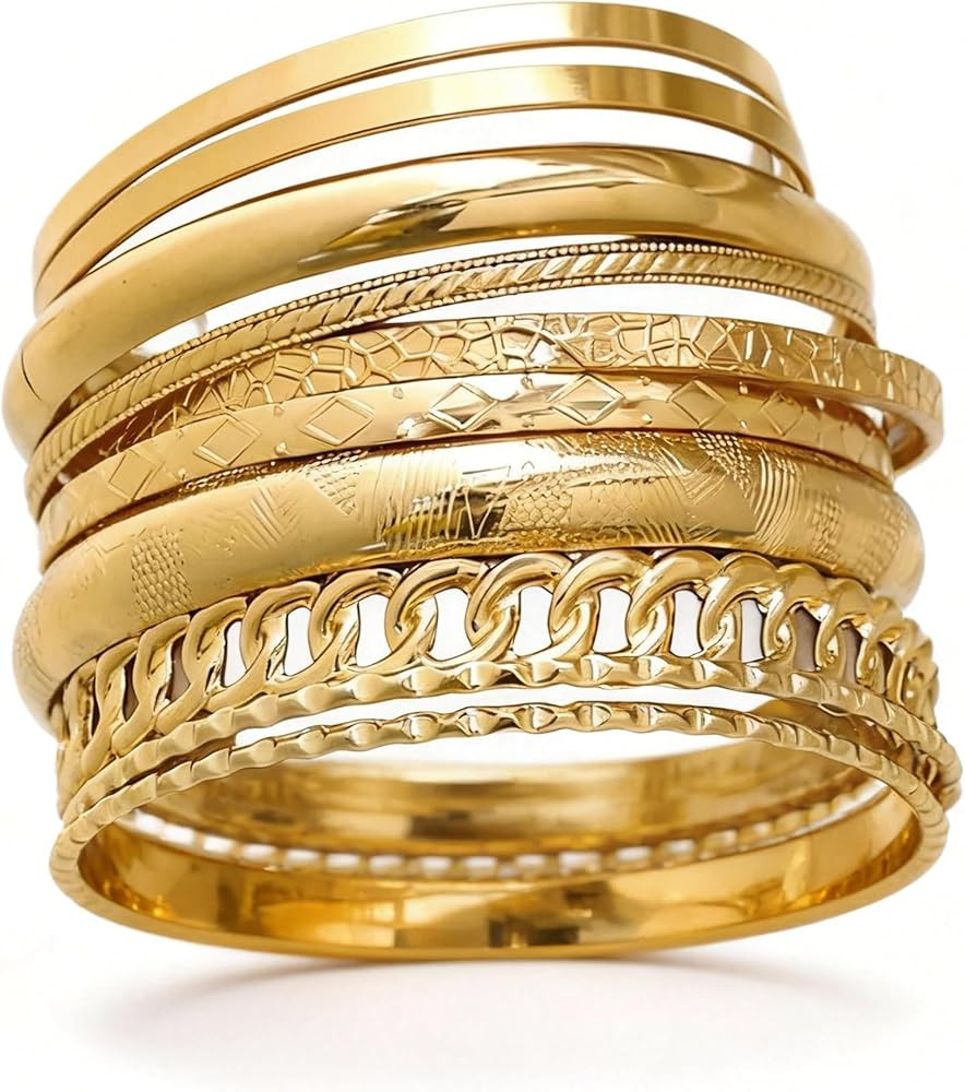 ÌF ME Gold Bangle Bracelets for Women, Indian Bangles Stackable Set, Multi Layer Textured 14K Go... | Amazon (US)