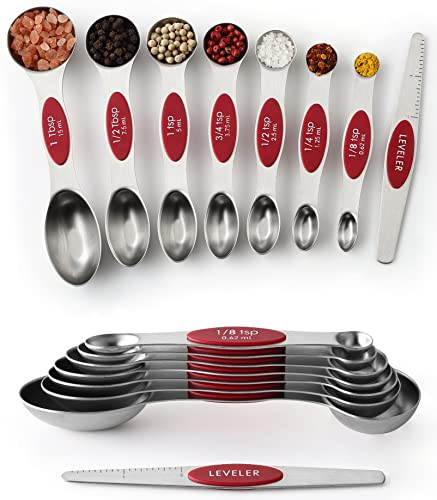 Spring Chef Red Stainless Steel Magnetic Measuring Spoons Set of 8 with Leveler, Metal Teaspoon & Tablespoon Measuring Spoons with Strong Magnets, Kitchen Gadgets for Baking & Cooking - Set of 2 | Amazon (US)