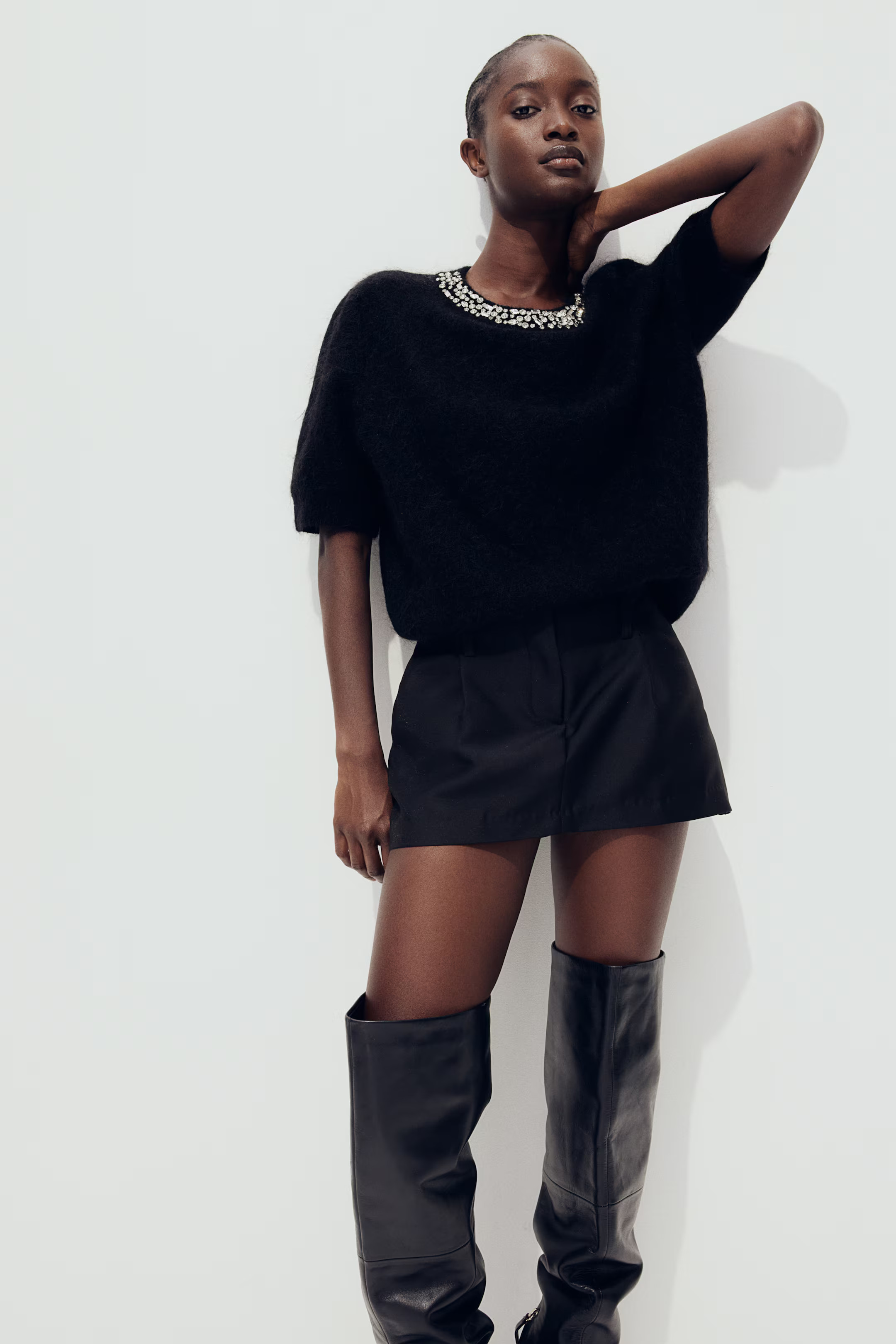 Mohair-blend rhinestone-embellished top - Round neck - Short sleeve - Black - Ladies | H&M GB | H&M (UK, MY, IN, SG, PH, TW, HK)