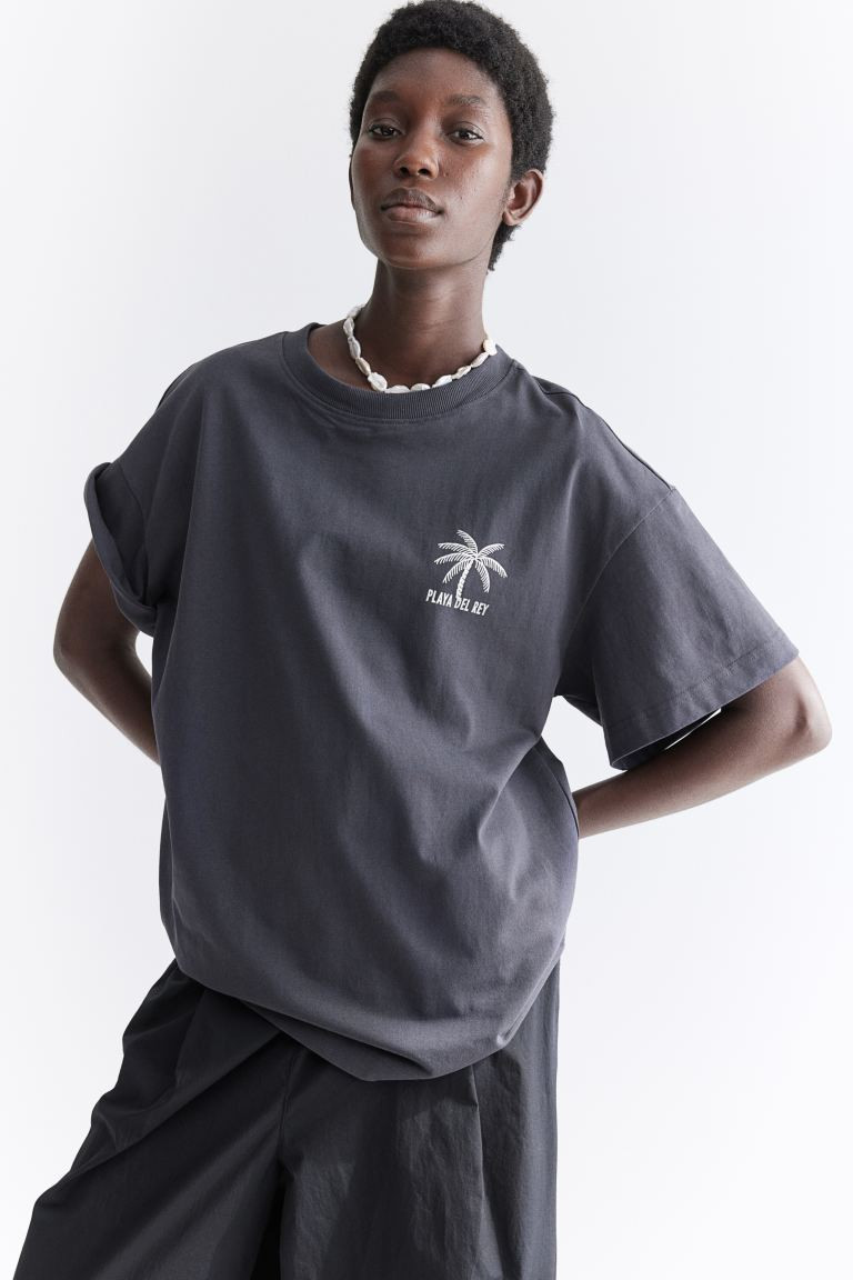 Oversized T-shirt - Round Neck - Short sleeve - Dark gray/Playa del Rey - Ladies | H&M US | H&M (US + CA)