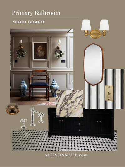 The primary bathroom design plans! Wall molding, brass sconces, walnut framed mirrors, brass hardware, polished nickel faucets, calcutta viola marble, black and white checkered floors, striped wallpaper and brass vintage inspired light switch toggles. 

#bathroominspiration #bathroommoodboard #bathroomideas #primarybathroom #bathroomrenovation #oneroomchallenge #moodboard #bathroom #cozyinteriors #classicinteriors  

 #LTKHome #LTKFindsUnder100 #LTKStyleTip