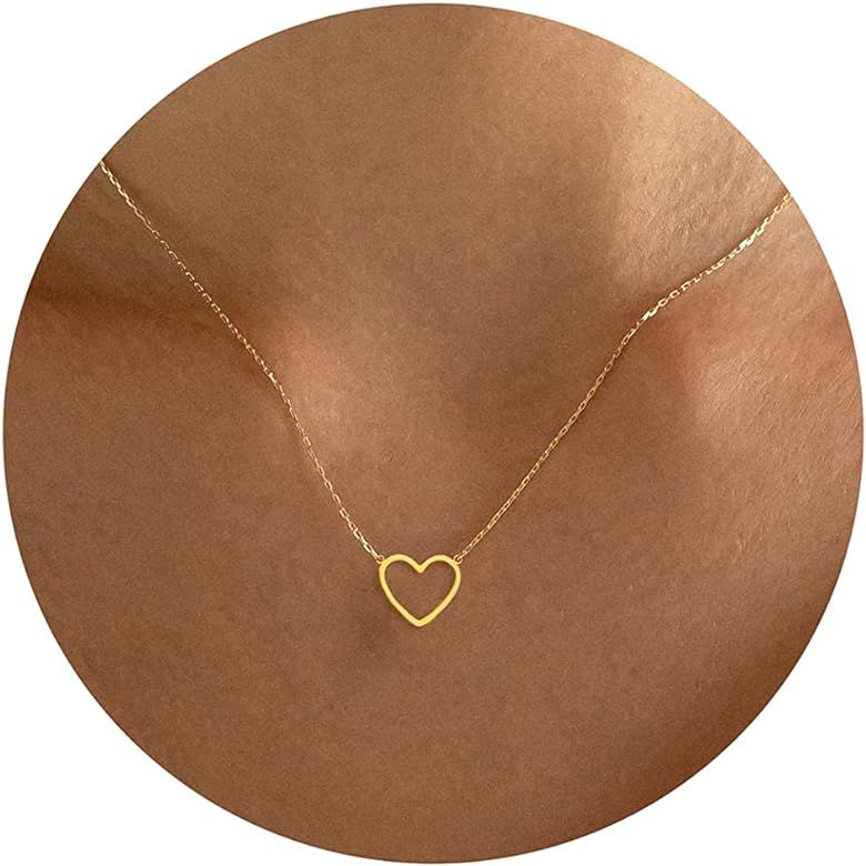 Tewiky Cute Heart Necklace Tiny 14k Gold Heart Pendant Choker Necklaces Small Gold Love Open Hear... | Amazon (US)