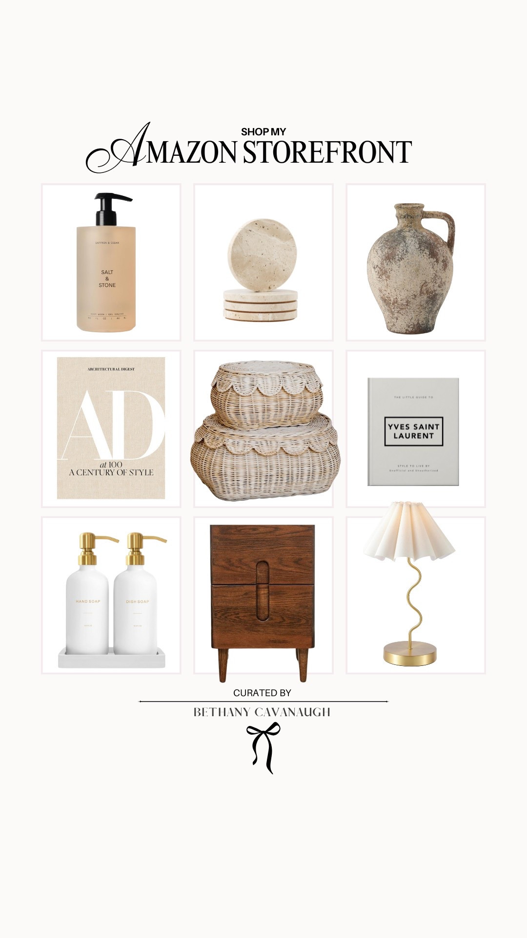 { amazon home decor ❥

• Saffron & Cedar Salt & Stone Body Wash 
• Travertine Marble Coasters 
• Rustic Ceramic Vase 
• AD at 100 Coffee Table Book 
• BEBE Bask Scalloped Basket Set
• YSL Coffee Table Book 
• Gold Kitchen Soap Dispenser Set 
• Solid Wood Narrow Nightstand 
• Pleated Table Lamp 

Neutral Home Decor . Organic Modern Home Decor } 

#LTKHome #LTKStyleTip