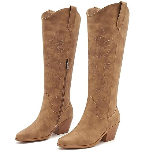 ZXHYZLZ Brown Cowgirl Boots - Wide Calf Knee-High Cowboy Boots For Women with Side Zip and Classic Embroidery, Great For Country Concerts and Parties Size 9.5 | Amazon (US)