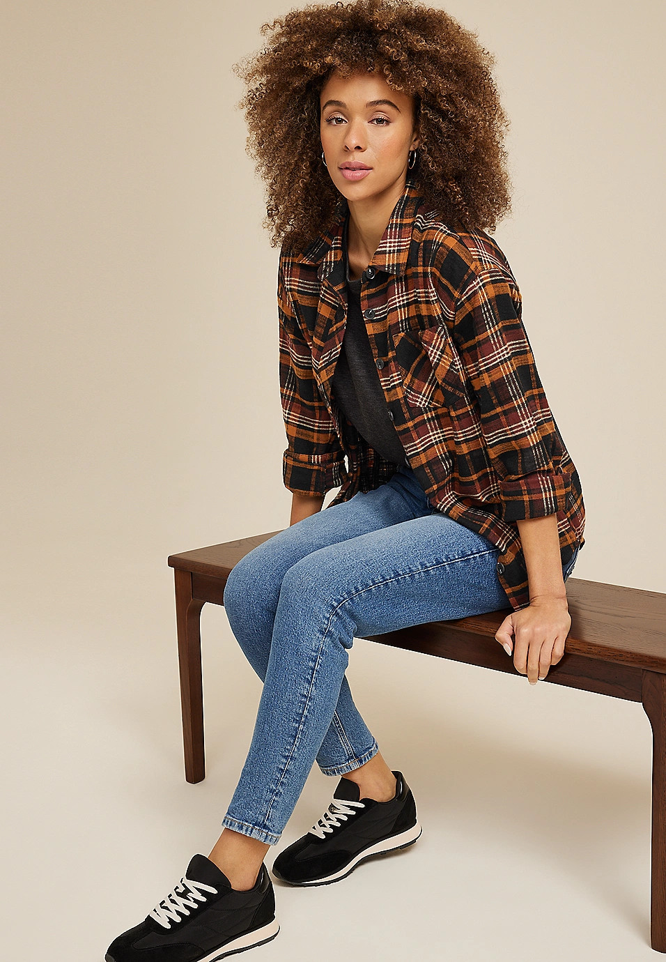 Plaid Skull Graphic Back Boyfriend Tunic Shirt | Maurices