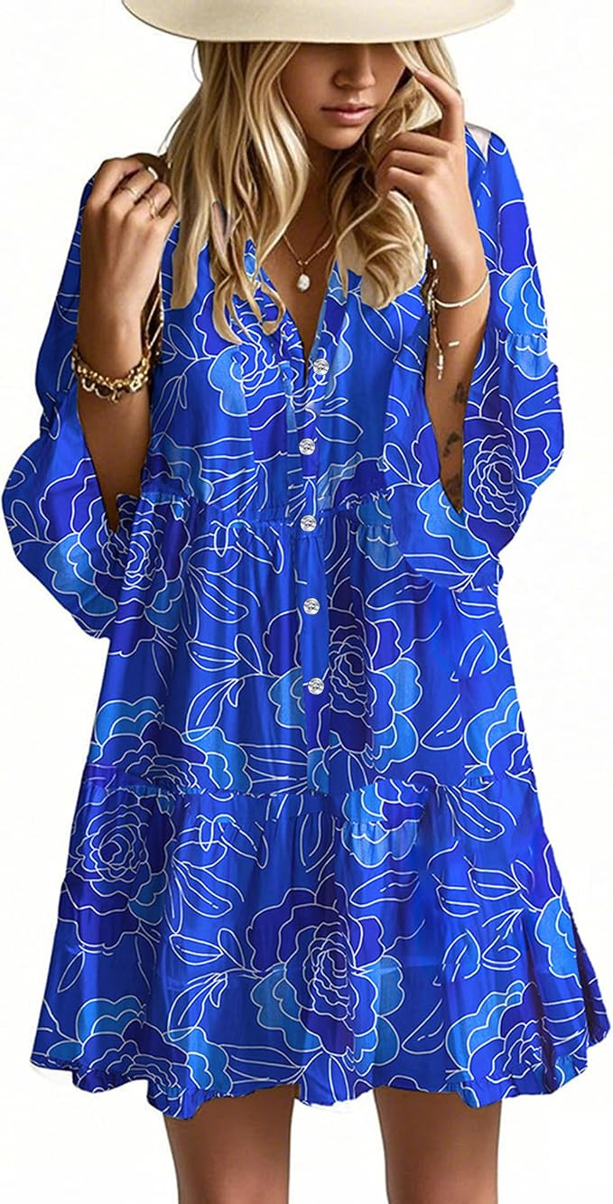 Opemiby Summer Dresses for Women 2026 Flowy Ruffle 3/4 Sleeve V Neck Tiered Casual Babydoll Boho ... | Amazon (US)