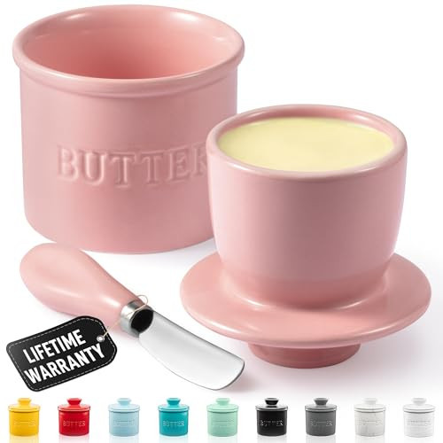 Zulay Kitchen Porcelain Butter Crock With Lid & Knife - Authentic French Butter Dish For Fresh & Spreadable Butter - Pink | Amazon (US)