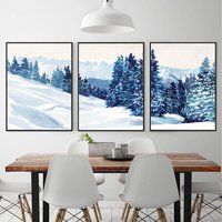Nature 3 Piece Wall Art Winter Triptych Watercolor Print Christmas Gallery Set Landscape Forest | Etsy (US)
