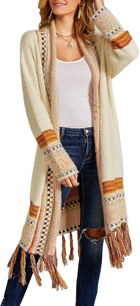 FERBIA Women Boho Cardigan Sweater Long Open Front Maxi Knit Sweaters Aztec Tribal Tassel Fringe ... | Amazon (US)