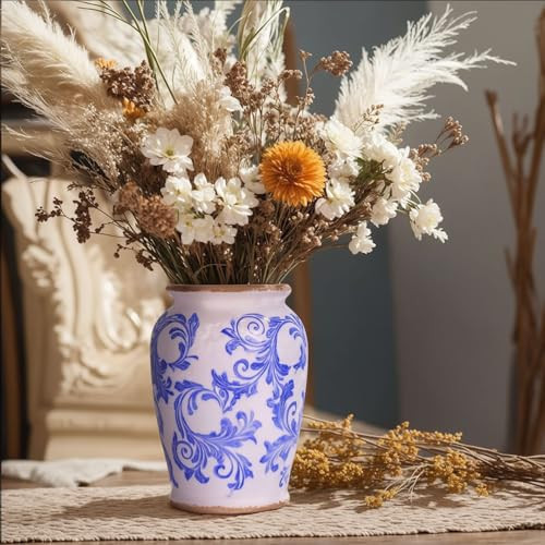 Vintage Blue and White Vase, 7.9in Rustic Farmhouse Chinoiserie Decor Floral Vase, Blue White Ceramic Vase Home, Kitchen, Bedroom, Living Room, Office, Bathroom, Shelf & Table Centerpiece Decor | Amazon (US)