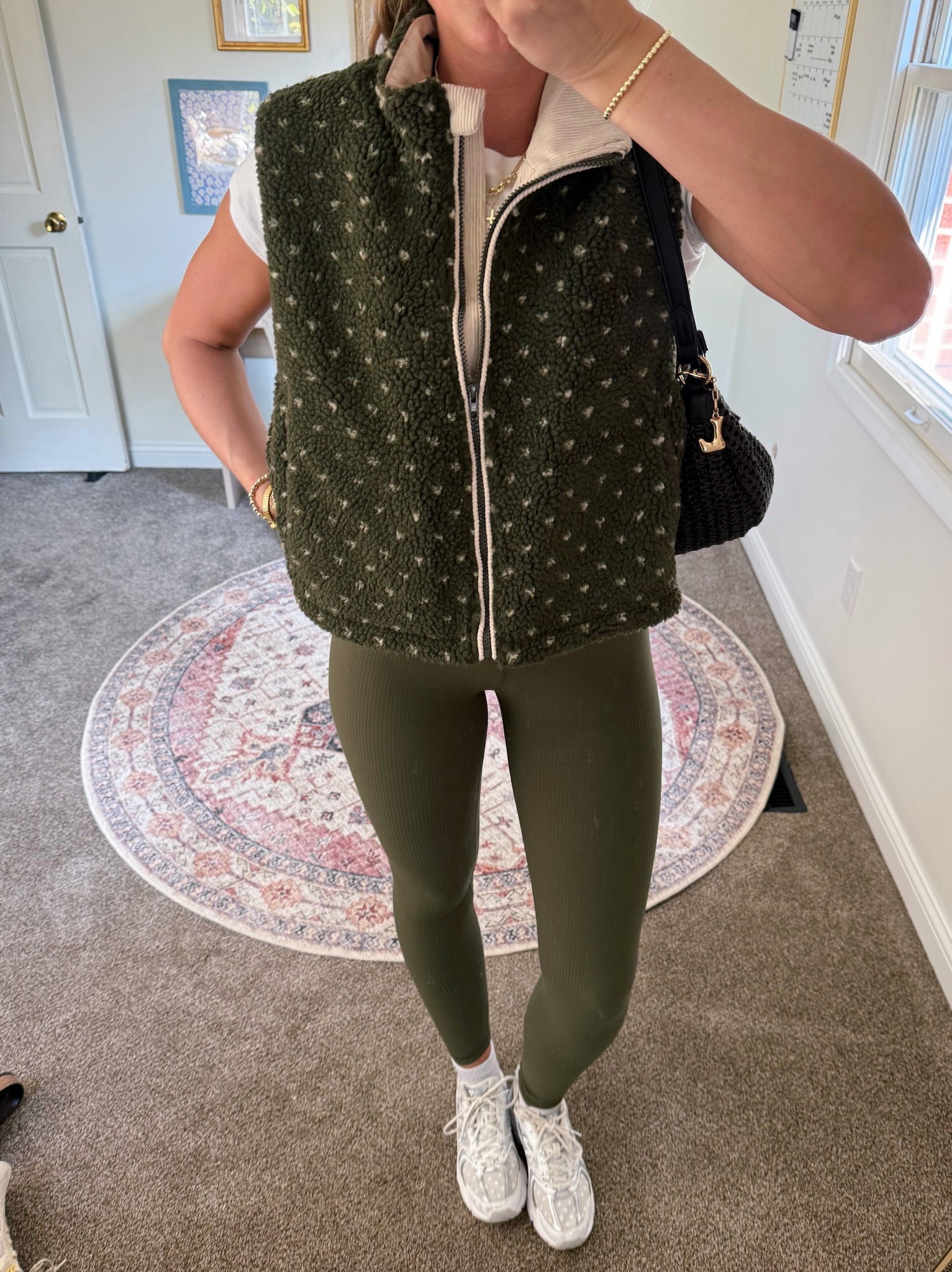 Walk ootd from yesterday 🫒🌲✨☕️ vest is launching at my store (Waterlilyclothing.com) this Sunday 3pm ET!