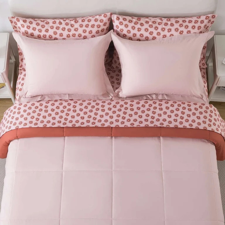 Mainstays All in One Reversible Comforter and Sheet Set, 7-Piece, Queen, Pink Blush | Walmart (US)