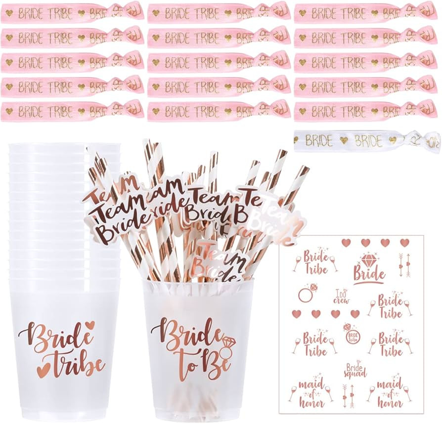 MOVINPE Bachelorette Party Accessories, Hen Party Cups Straws 16 Set, 1 Bride Hair Ties 15 Bride ... | Amazon (US)