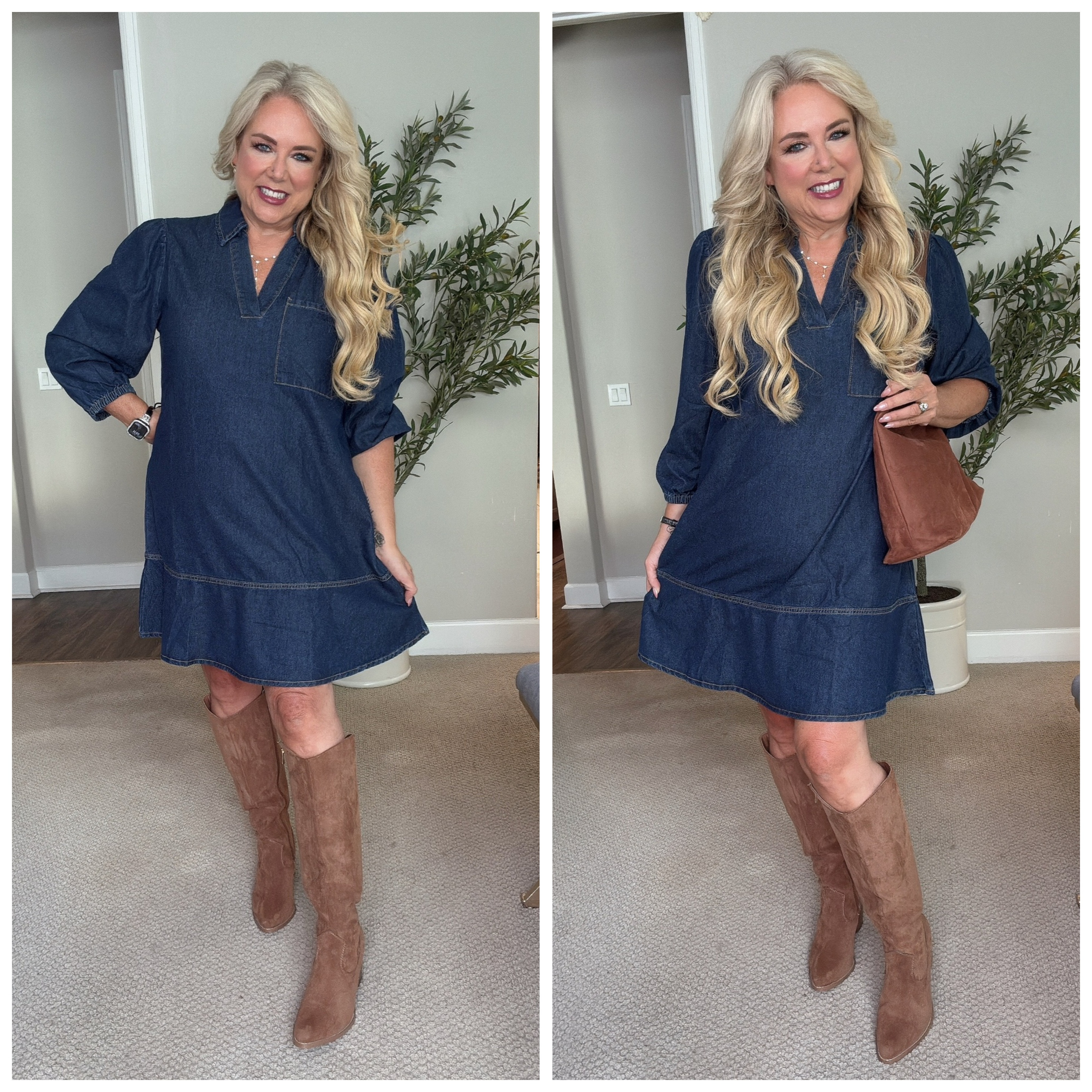 💙 OMG, this adorable dark denim dress! So cute, effortless, and flowy — love the ruffle detail at the bottom. Paired with these brown suede boots that are super cozy and chic — totally on trend! 😍✨ #DenimDressLove #RuffleDetails #BrownSuedeBoots # 

 #LTKOver40 #LTKFindsUnder50 #LTKShoeCrush