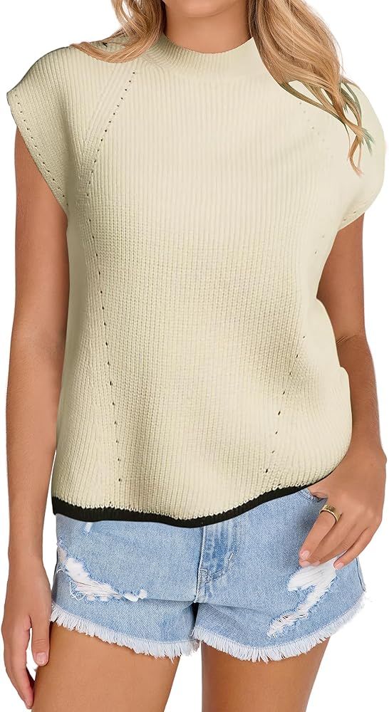 CCTOO Womens Sleeveless Sweater Vest: Summer Casual Mock Neck Cap Sleeve Knit Ribbed Striped Pull... | Amazon (US)