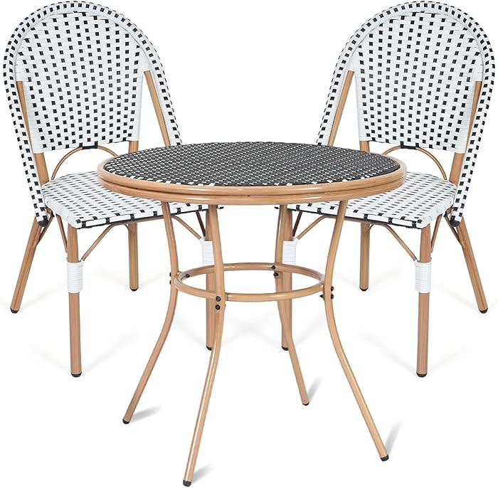 3 Piece Patio Dining Set, Outdoor French Country Bistro Table and Chairs, All-Weather Wicker Roun... | Amazon (US)