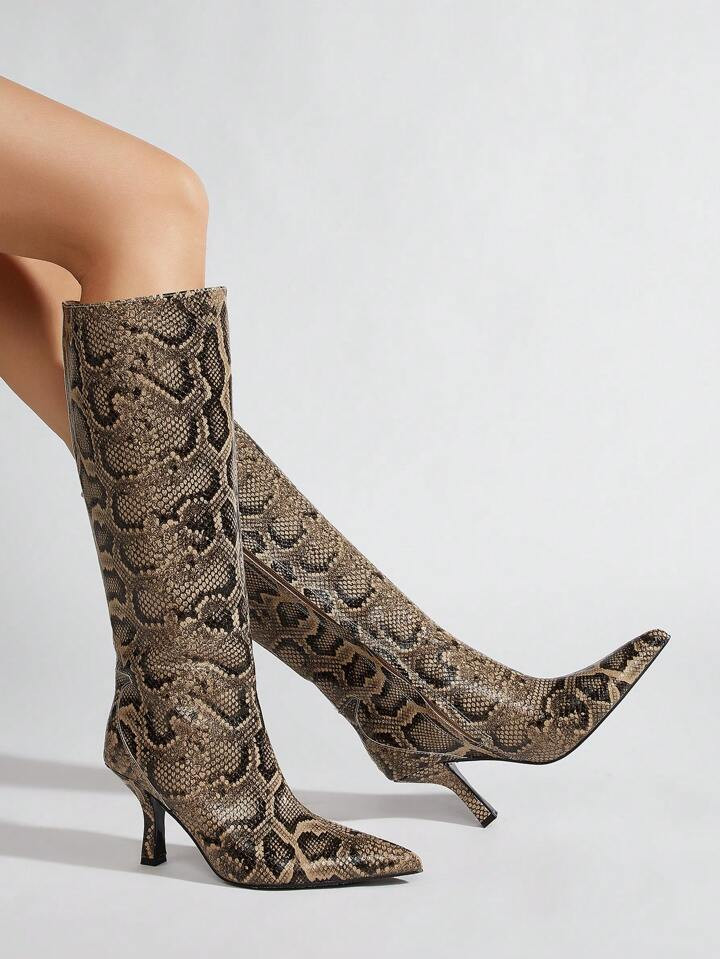 Fall Pointed Toe Snake Skin Stiletto Thigh High Boots, Party Wear | SHEIN