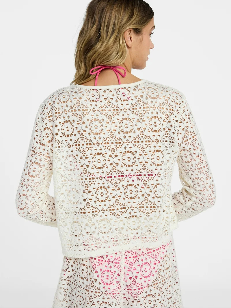 No Boundaries Crochet Coverup Top with Long Sleeves, Women's XXS-XXL | Walmart (US)