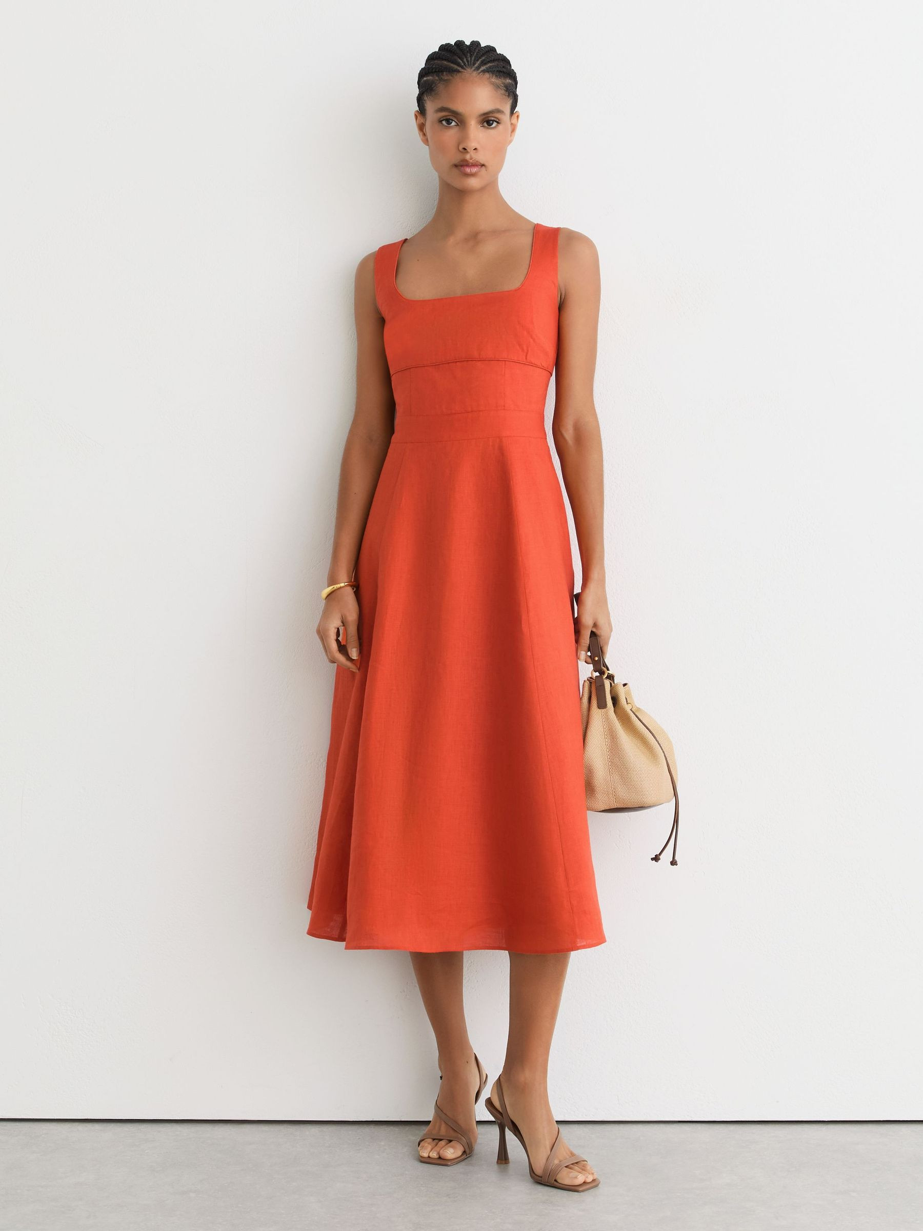 Linen Square-Neck Midi Dress in Coral Orange | Reiss UK