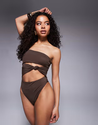 ASOS DESIGN Petite Nina knot swimsuit in chocolate brown | ASOS | ASOS (Global)